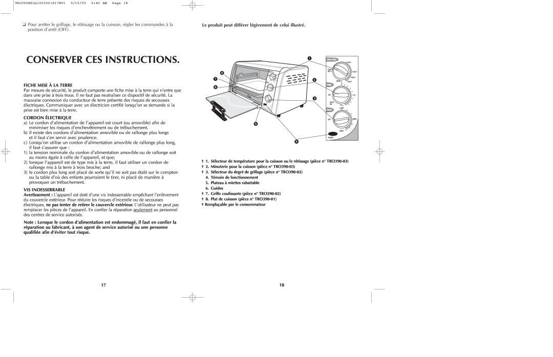 Black & Decker TRO390 Series manual Conserver Ces Instructions, Fiche Mise À La Terre, Cordon Électrique, Vis Indesserrable 