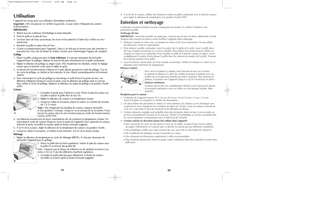 Black & Decker TRO390 Series manual Utilisation, Entretien et nettoyage, Préparatifs, Grillage, Nettoyage du four, Cuisson 