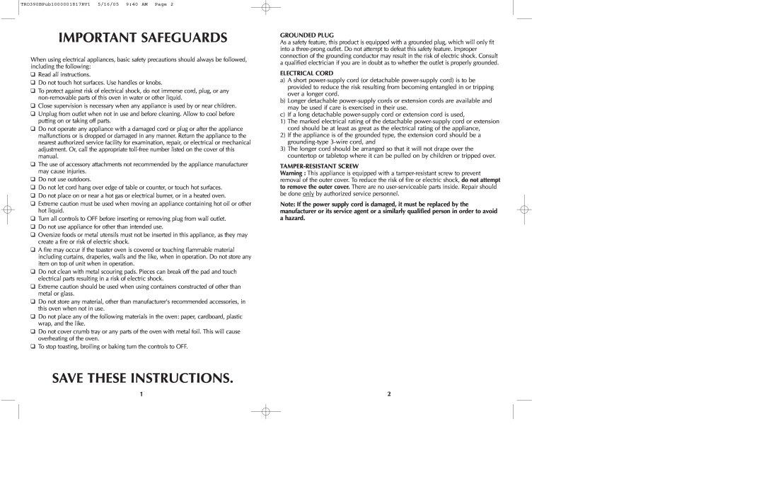 Black & Decker TRO390 Series manual Important Safeguards, Save These Instructions, Grounded Plug, Electrical Cord 