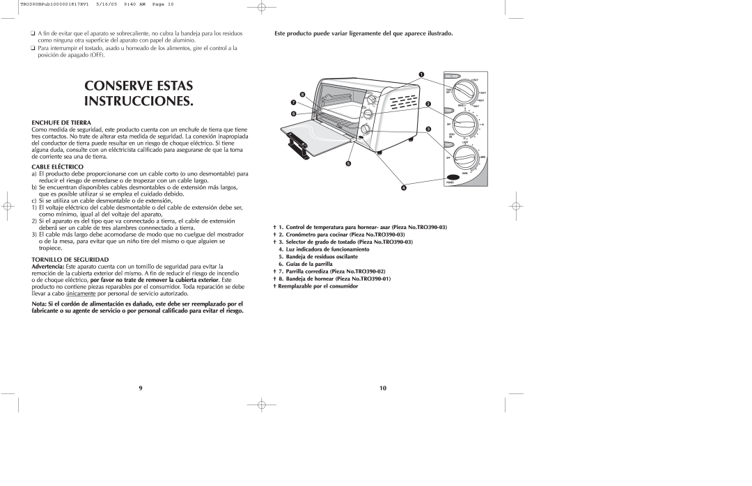 Black & Decker TRO390 Series manual Conserve Estas Instrucciones, Enchufe De Tierra, Cable Eléctrico, Tornillo De Seguridad 