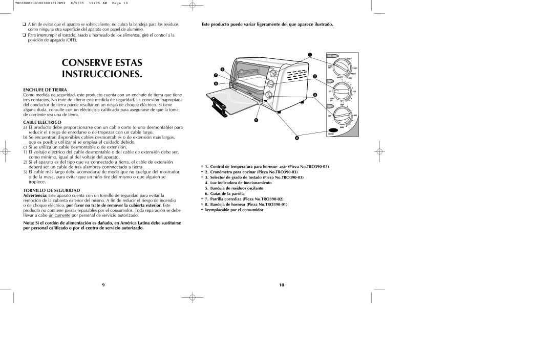 Black & Decker TRO390 manual Conserve Estas Instrucciones, Enchufe DE Tierra, Cable Eléctrico 