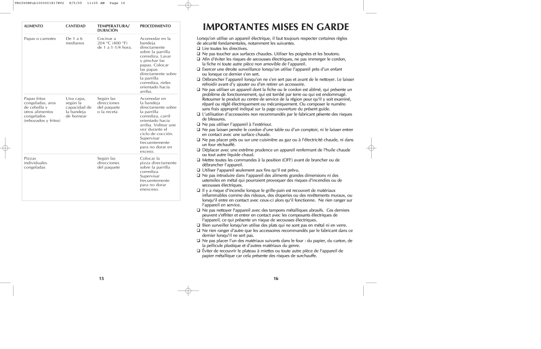 Black & Decker TRO390 manual Importantes Mises En Garde, Temperatura 