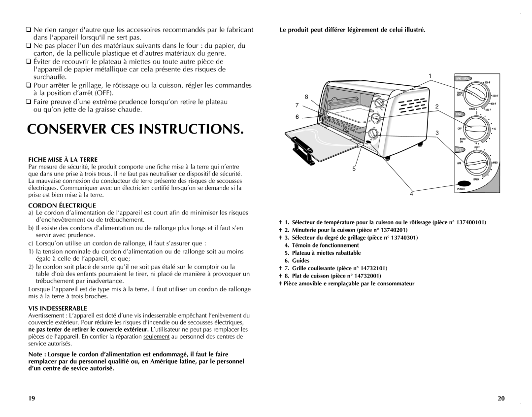 Black & Decker TRO390B, TRO390W Conserver CES Instructions, Fiche Mise À LA Terre, Cordon Électrique, VIS Indesserrable 