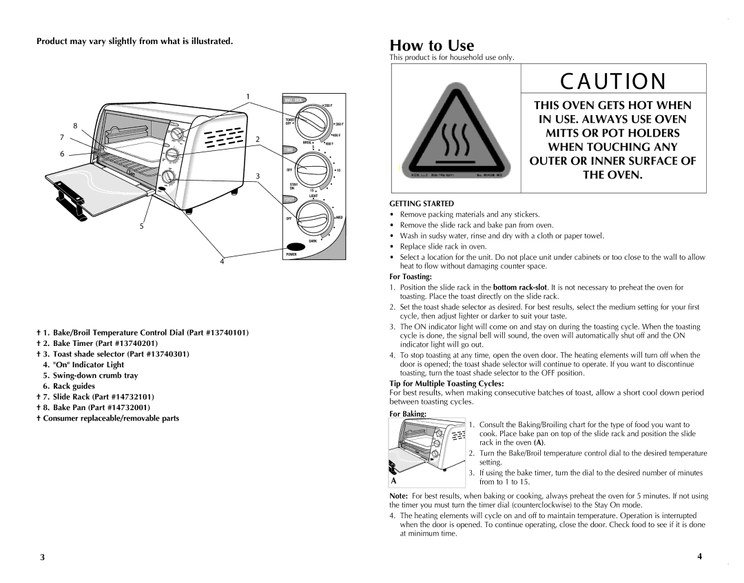 Black & Decker TRO390B manual Product may vary slightly from what is illustrated, Getting Started, For Toasting, For Baking 