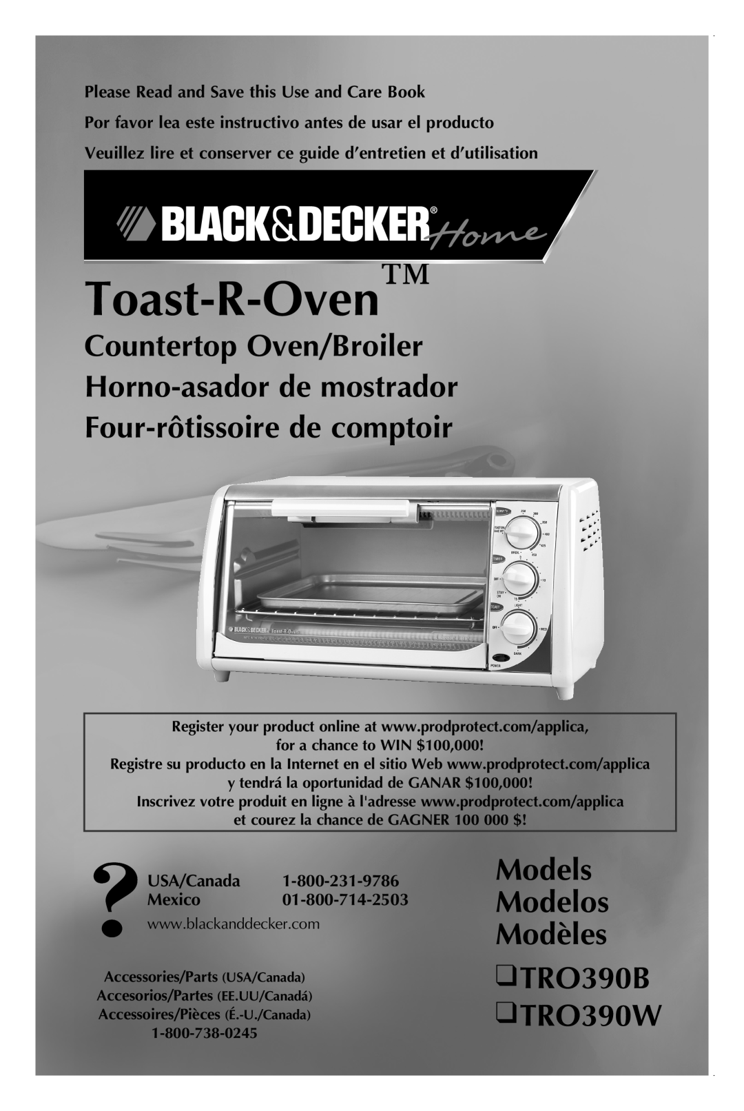 Black & Decker TRO390B manual Countertop Oven/Broiler Horno-asador de mostrador, Four-rôtissoire de comptoir, Toast-R-Oven 