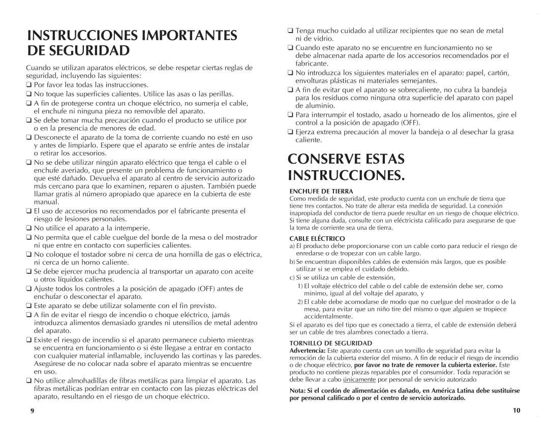 Black & Decker TRO390W, TRO390B manual Conserve Estas Instrucciones, Instrucciones Importantes De Seguridad 