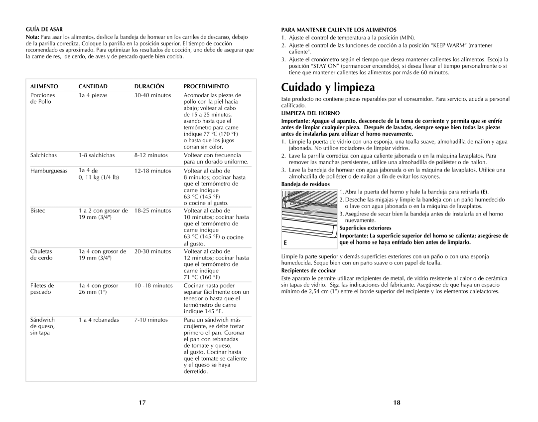 Black & Decker Oven, 288 Cuidado y limpieza, Guía DE Asar, Alimento Cantidad Duración Procedimiento, Limpieza DEL Horno 