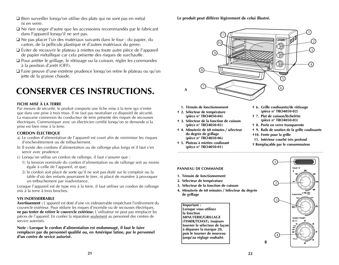 Black & Decker TRO4050B, Oven, 288 manual Conserver CES Instructions, Le produit peut différer légèrement de celui illustré 