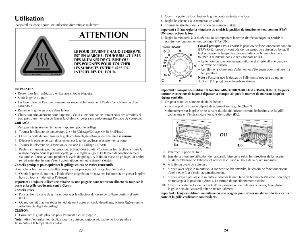 Black & Decker TRO4050B, Oven, 288 Utilisation, Préparatifs, 81 cm 1½ pulg des éléments supérieurs, Grillage, Cuisson 