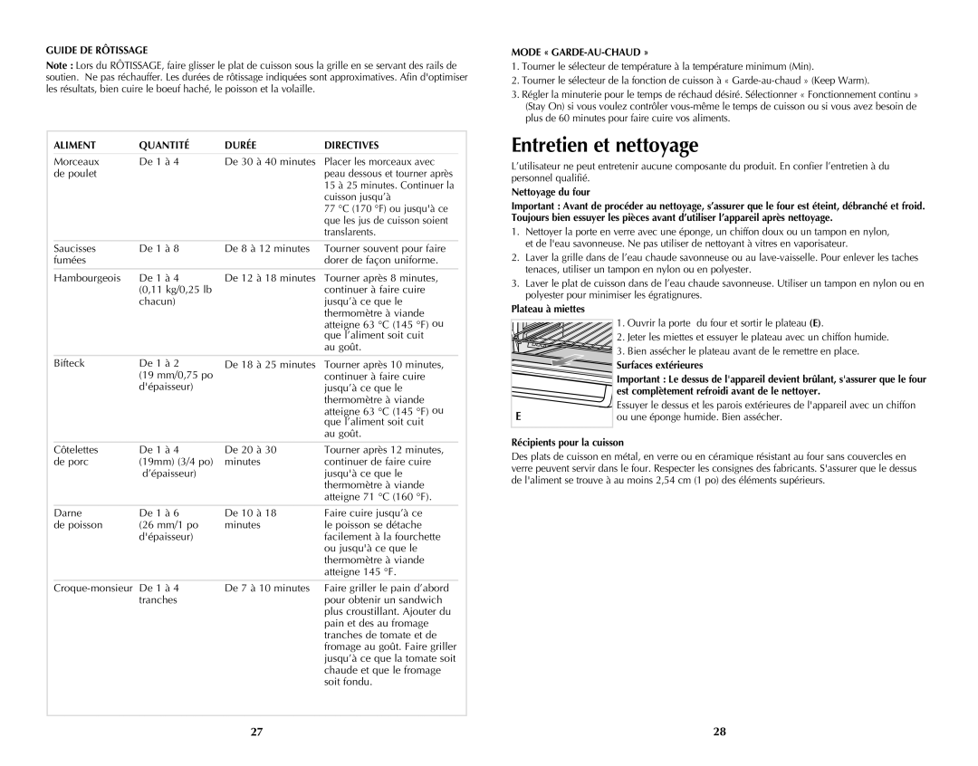 Black & Decker 288 Entretien et nettoyage, Guide DE Rôtissage Aliment Quantité Durée Directives, Mode « GARDE-AU-CHAUD » 