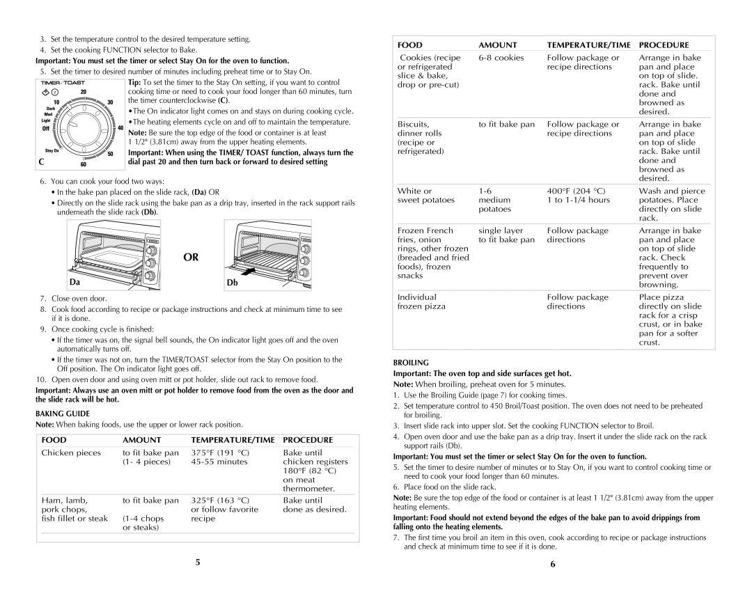 Black & Decker TRO4050B, Oven, 288 manual Baking Guide Food Amount TEMPERATURE/TIME Procedure, Broiling 