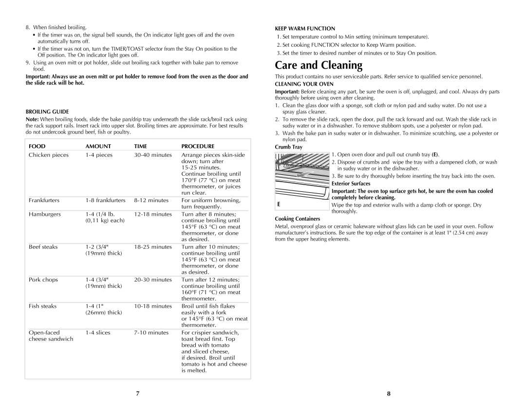 Black & Decker TRO4050B, Oven, 288 manual Care and Cleaning, Broiling Guide Food Amount Time Procedure, Keep Warm Function 