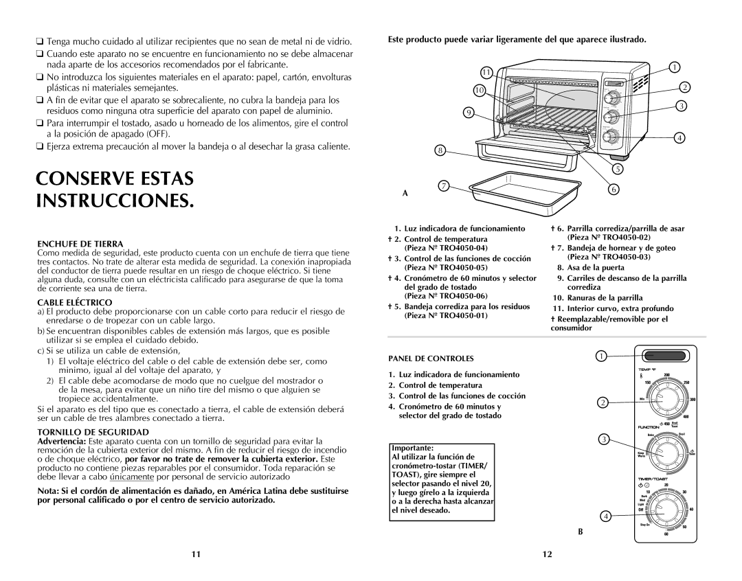 Black & Decker 288, Oven Conserve Estas Instrucciones, Enchufe DE Tierra, Cable Eléctrico, Panel DE Controles, Importante 