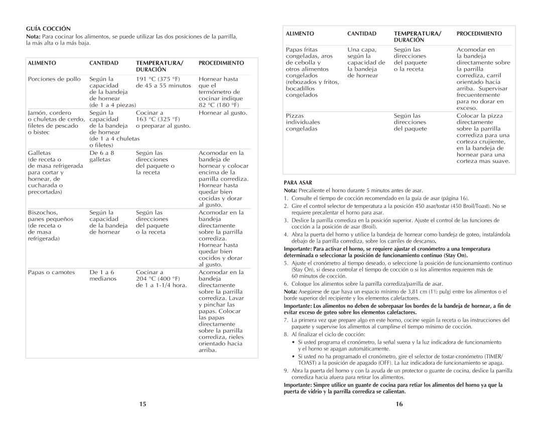 Black & Decker TRO4050B, Oven, 288 manual Guía Cocción, Alimento Cantidad Temperatura Procedimiento Duración, Para Asar 