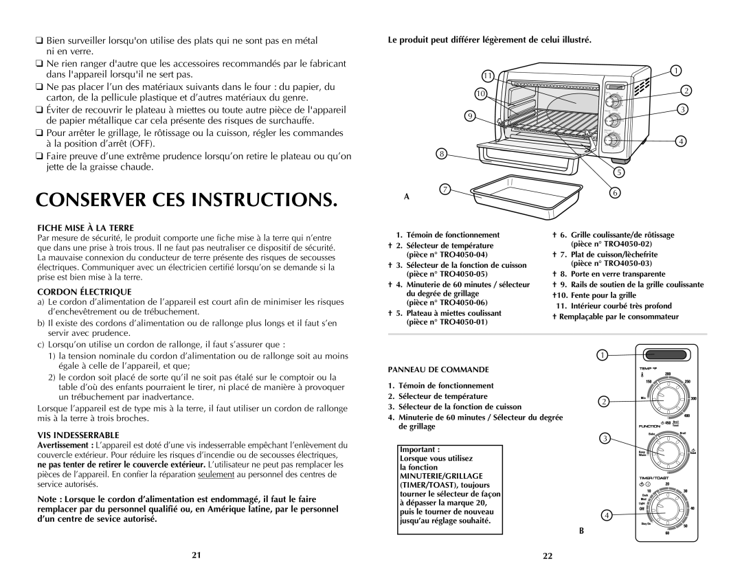 Black & Decker TRO4050B, Oven, 288 manual Conserver Ces Instructions, Le produit peut différer légèrement de celui illustré 