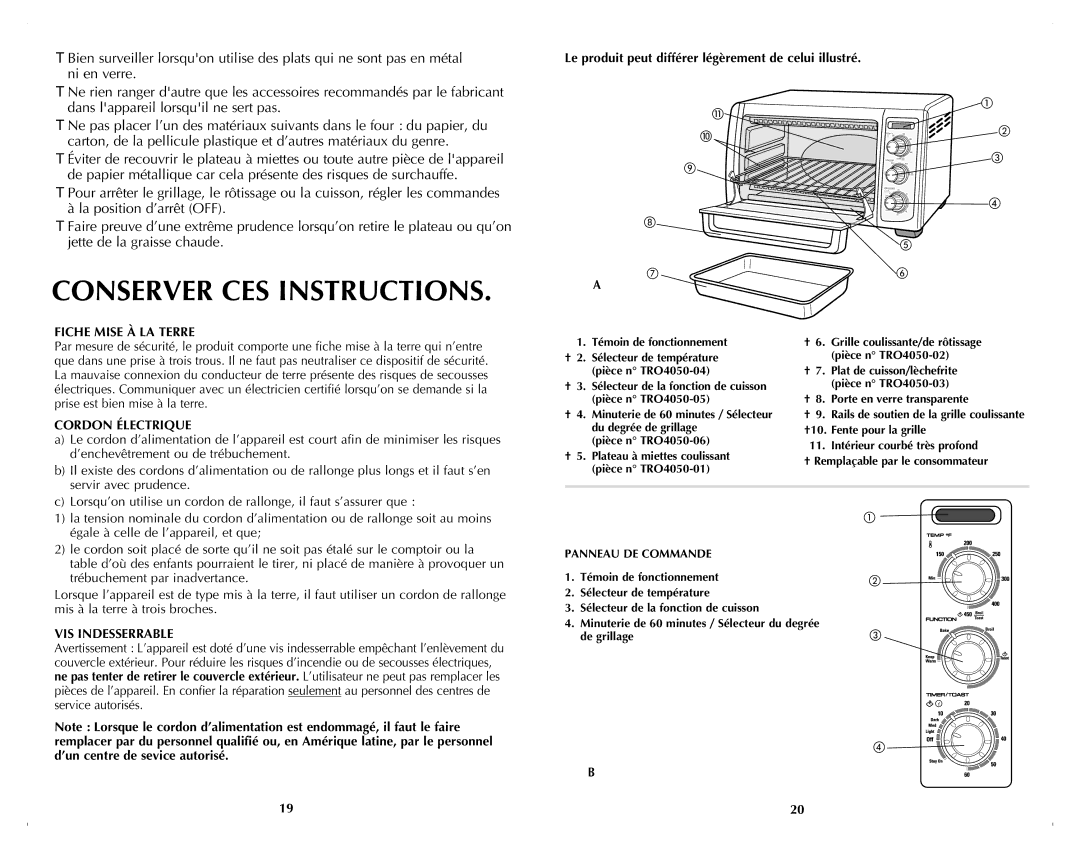 Black & Decker TRO4050B manual Conserver CES Instructions, Le produit peut différer légèrement de celui illustré 