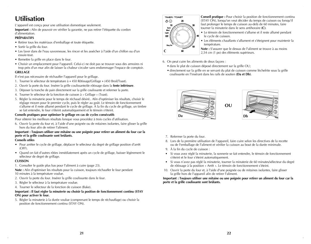 Black & Decker TRO4050B manual Utilisation, Préparatifs, Grillage, 54 cm 1 po des éléments supérieurs, Cuisson 