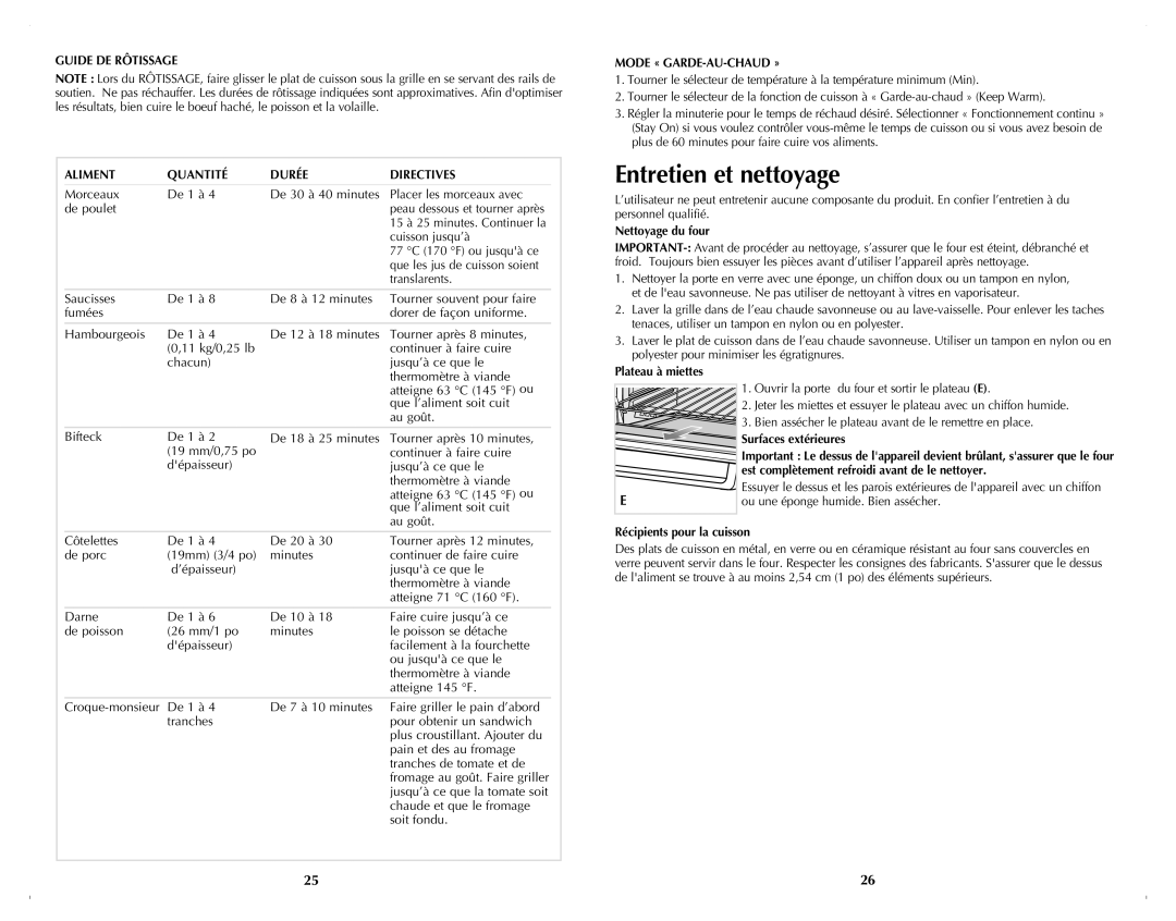 Black & Decker TRO4050B manual Entretien et nettoyage, Guide DE Rôtissage Aliment Quantité Durée Directives 