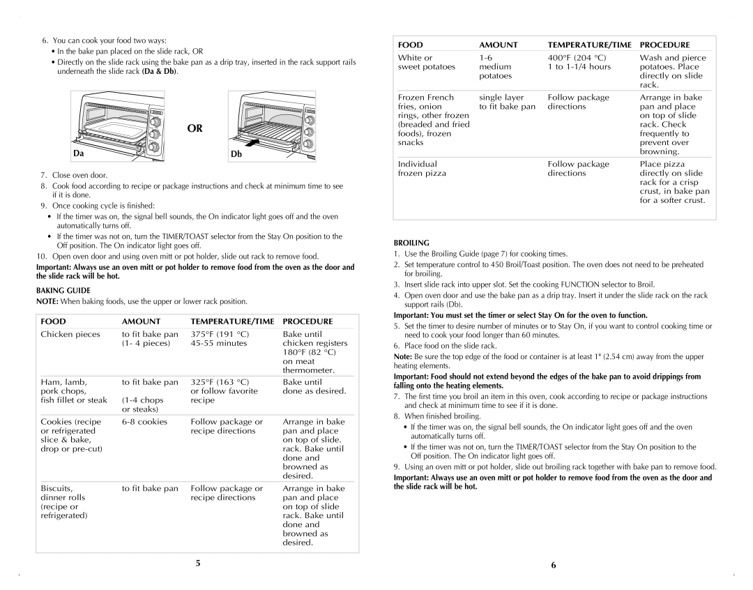 Black & Decker TRO4050B manual Baking Guide Food Amount TEMPERATURE/TIME Procedure, Broiling 