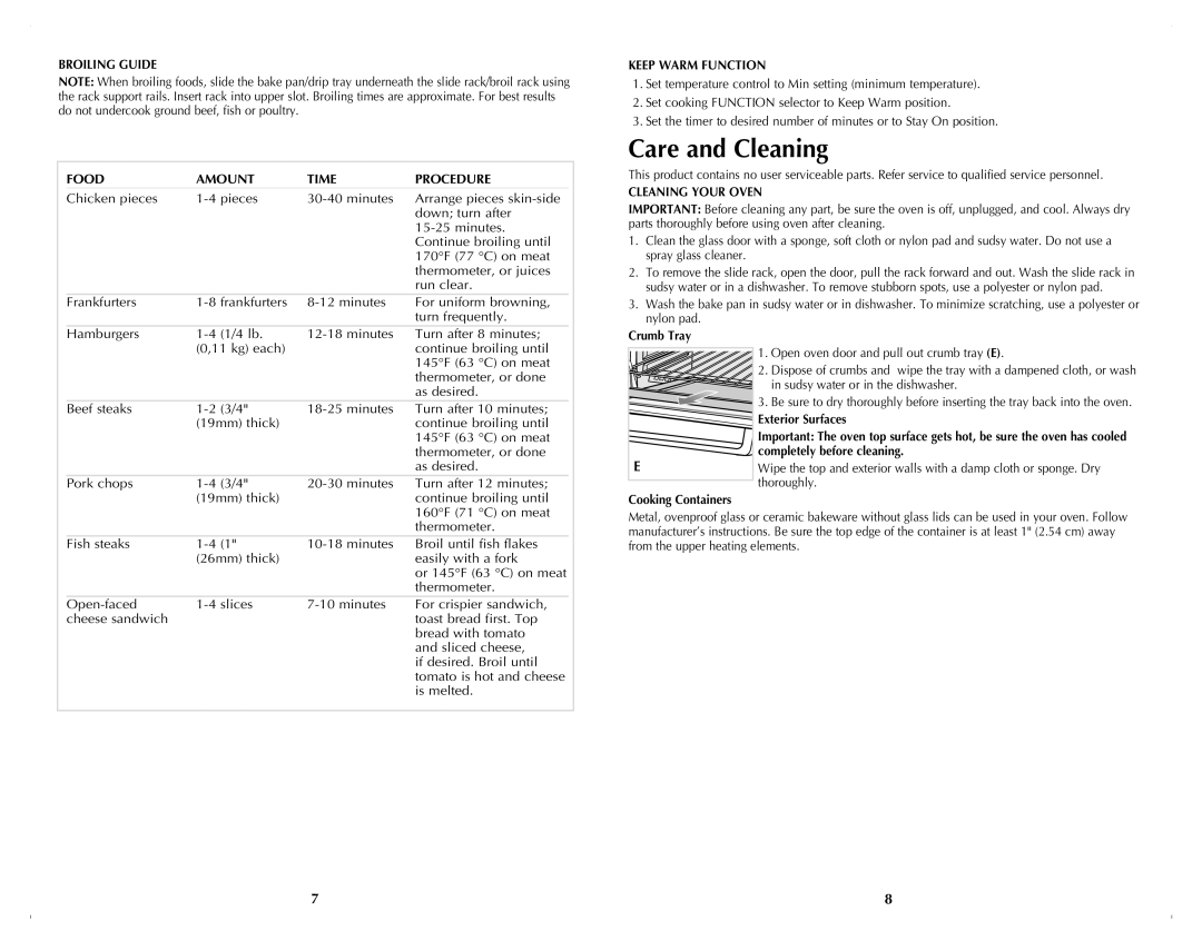 Black & Decker TRO4050B manual Care and Cleaning, Broiling Guide Food Amount Time Procedure, Keep Warm Function 