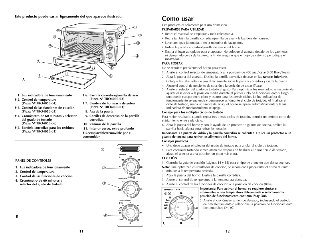 Black & Decker TRO4050B manual Como usar, Prepararse Para Utilizar, Para Tostar, Panel DE Controles, Cocción 