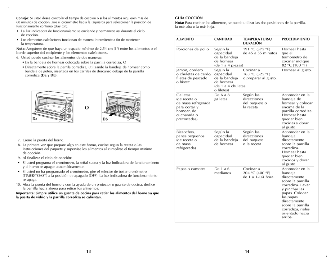 Black & Decker TRO4050B manual Guía Cocción, Alimento Cantidad Temperatura Procedimiento Duración 