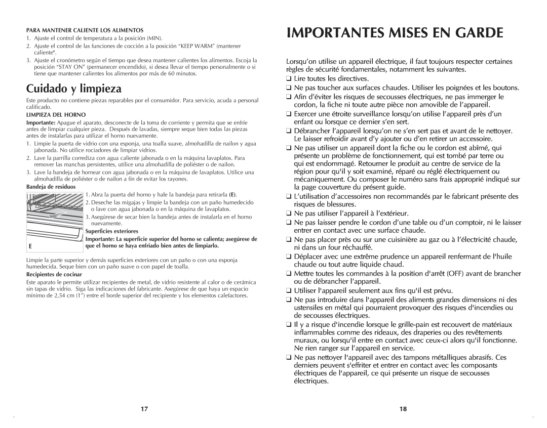 Black & Decker TRO4050B manual Importantes Mises En Garde, Cuidado y limpieza 
