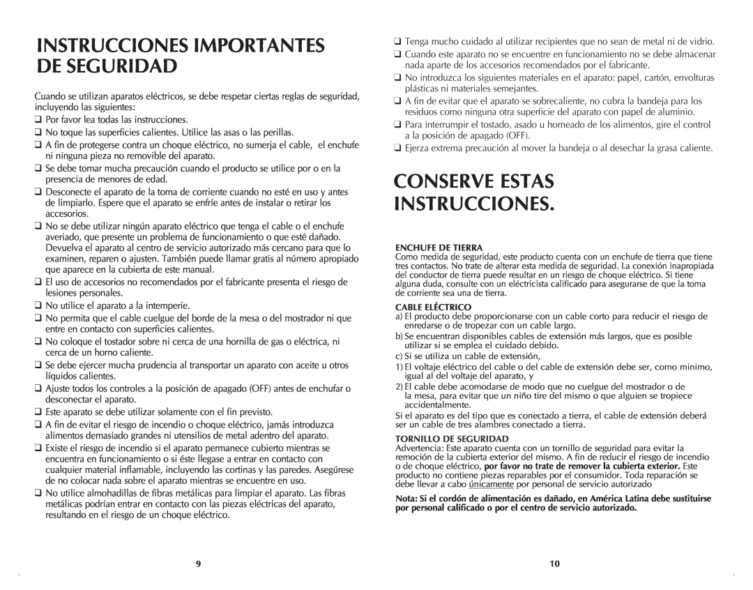 Black & Decker TRO4050B manual Conserve Estas Instrucciones, Instrucciones Importantes De Seguridad 