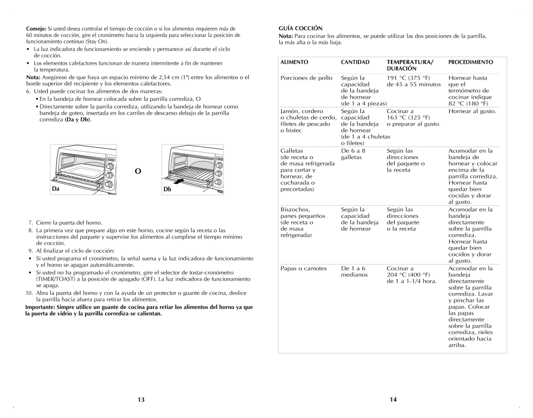 Black & Decker TRO4050B manual Guía Cocción, Alimento, Cantidad, Temperatura, Procedimiento, Duración 