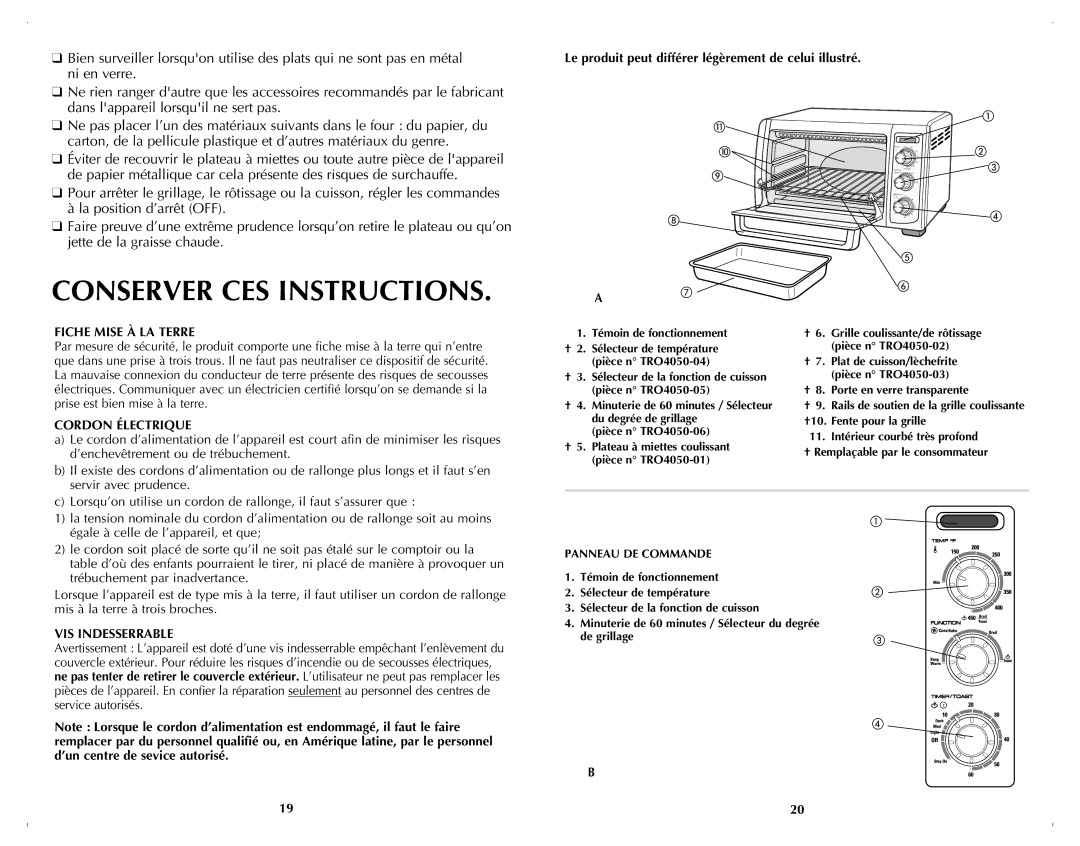 Black & Decker TRO4070B manual Conserver CES Instructions, Le produit peut différer légèrement de celui illustré 