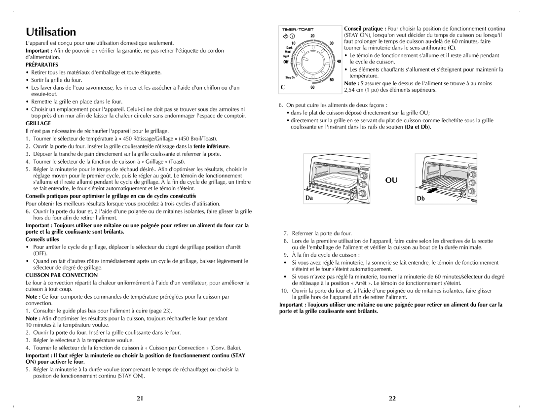 Black & Decker TRO4070 Utilisation, Préparatifs, Grillage, 54 cm 1 po des éléments supérieurs, Cuisson PAR Convection 