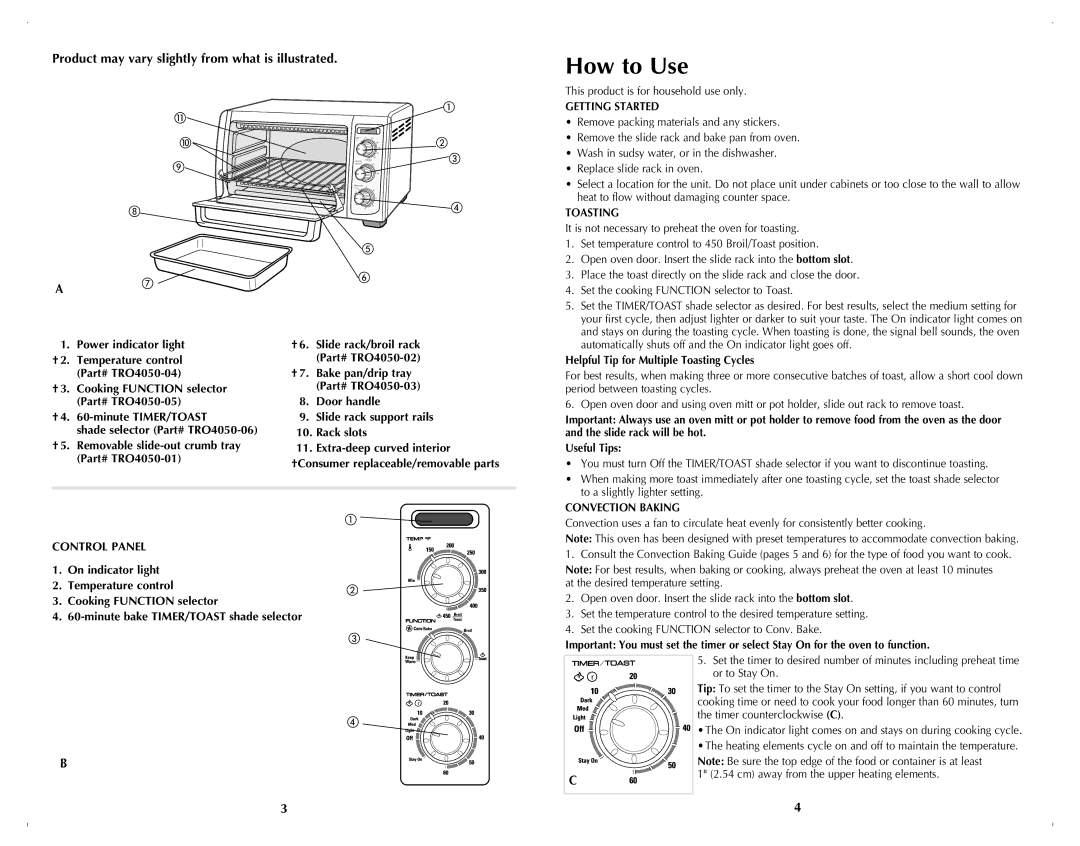 Black & Decker TRO4070B manual How to Use, Product may vary slightly from what is illustrated, Getting Started, Toasting 