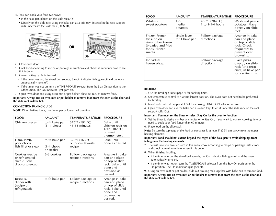 Black & Decker TRO4070B manual Food Amount TEMPERATURE/TIME Procedure, Broiling 