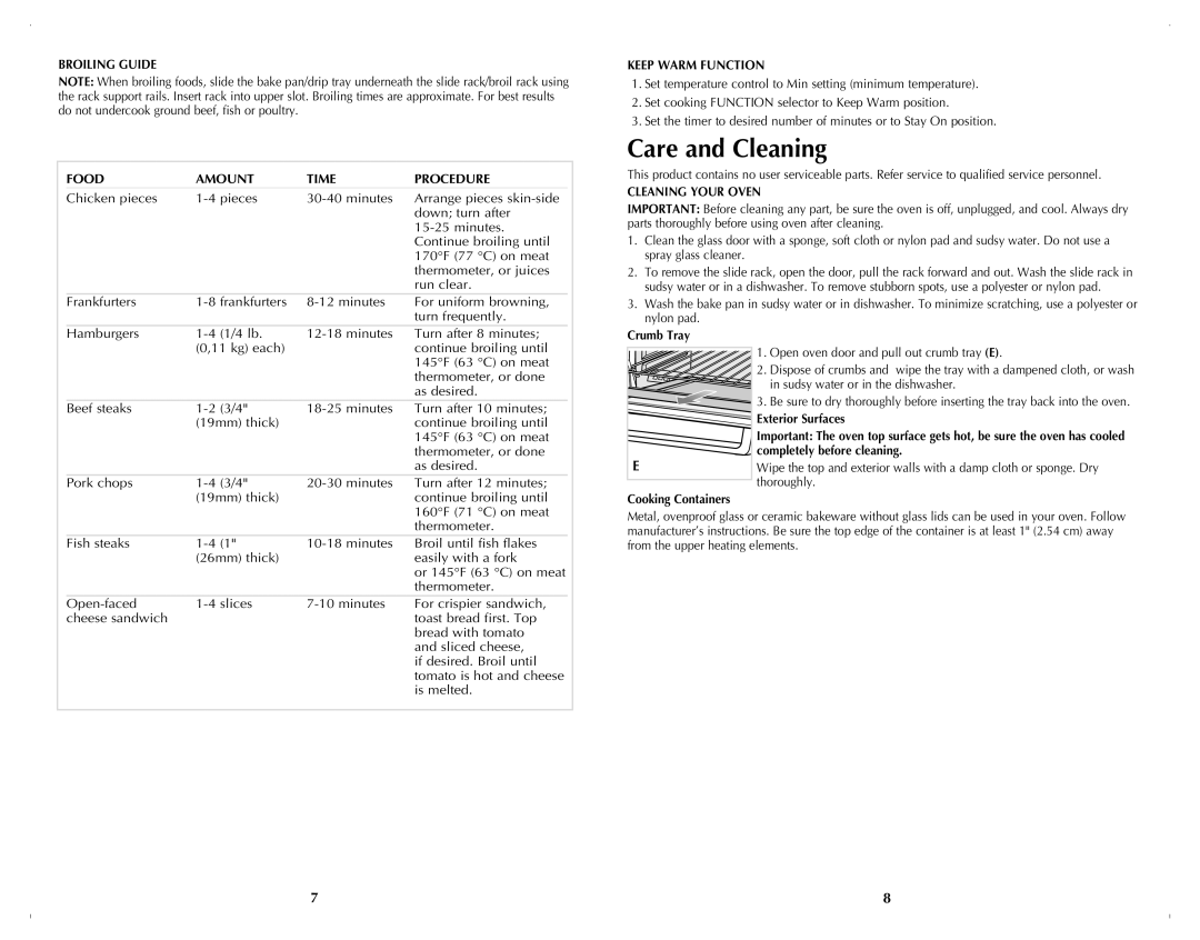 Black & Decker TRO4070B manual Care and Cleaning, Broiling Guide Food Amount Time Procedure, Keep Warm Function 