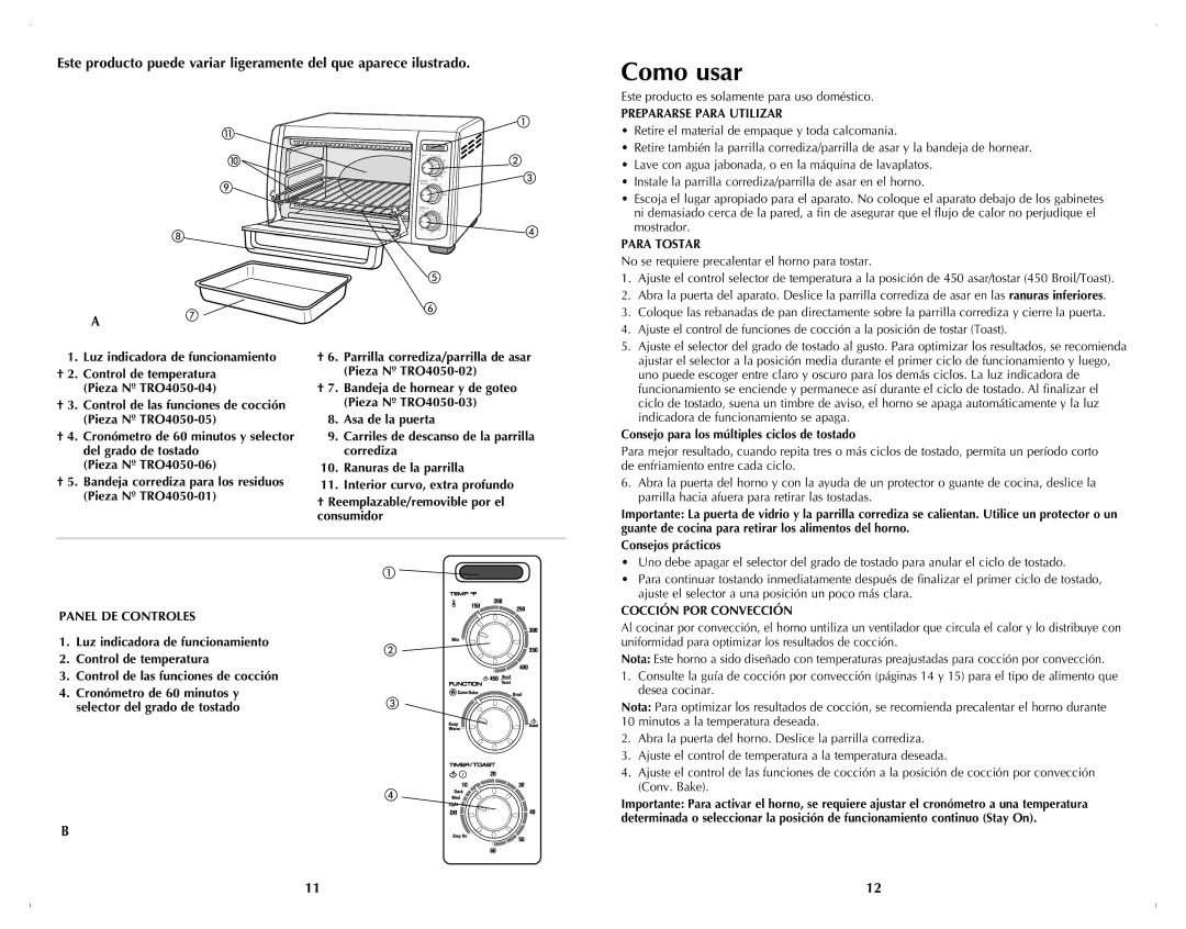 Black & Decker TRO4070B manual Como usar, Prepararse Para Utilizar, Para Tostar, Panel DE Controles, Cocción POR Convección 