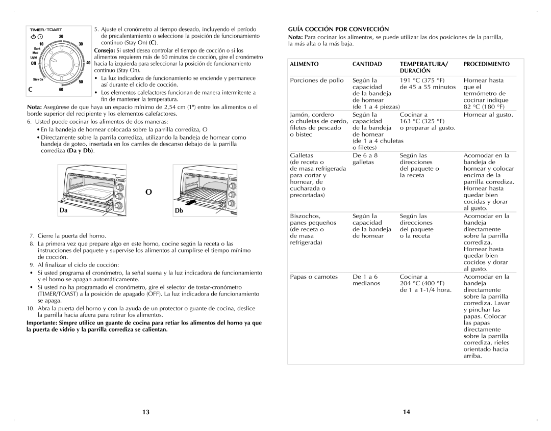 Black & Decker TRO4070B manual Guía Cocción POR Convección, Alimento Cantidad Temperatura Procedimiento Duración 