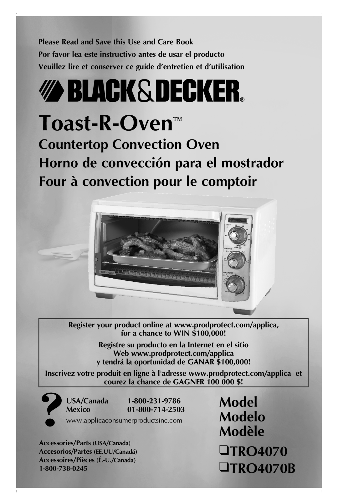 Black & Decker manual Countertop Convection Oven, Model Modelo Modèle TRO4070 TRO4070B, Toast-R-Oven, USA/Canada Mexico 