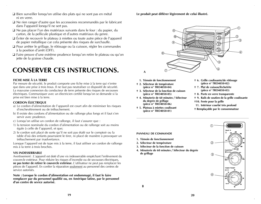 Black & Decker TRO4070B manual Conserver Ces Instructions, Fiche Mise À La Terre, Cordon Électrique, Vis Indesserrable 