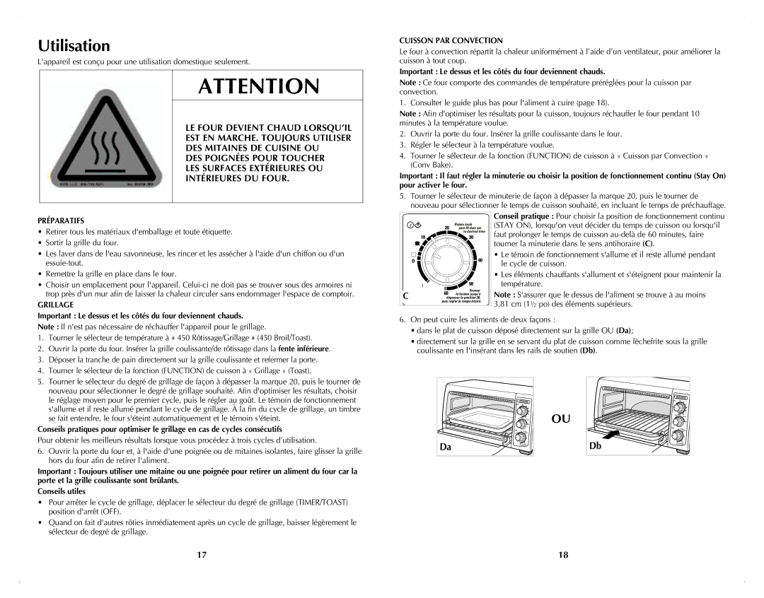 Black & Decker TRO4070DC Utilisation, Cuisson PAR Convection, Important Le dessus et les côtés du four deviennent chauds 