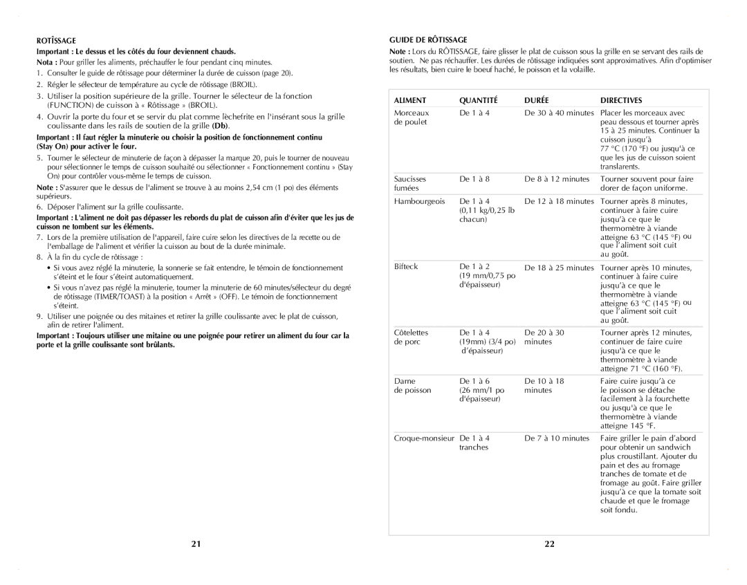 Black & Decker TRO4070DC manual Rotîssage, Guide DE Rôtissage Aliment Quantité Durée Directives 