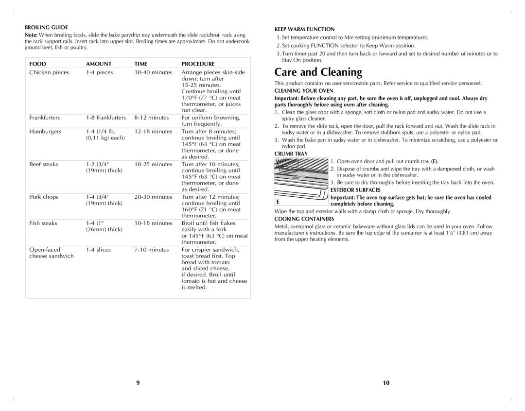 Black & Decker TRO4070DC manual Care and Cleaning, Broiling Guide Food Amount Time Procedure, Keep Warm Function 