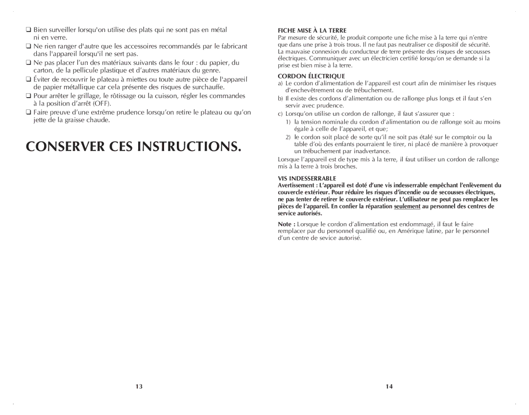 Black & Decker TRO4070DC manual Conserver CES Instructions, Fiche Mise À LA Terre, Cordon Électrique, VIS Indesserrable 