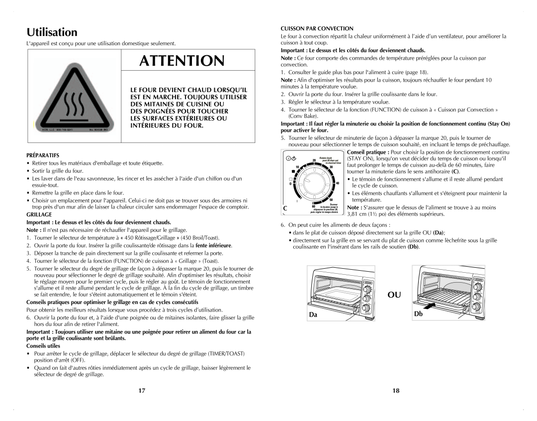 Black & Decker TRO4070DC manual Utilisation, This Oven Gets Hot. When, ATTENTION$ 65*0, Cuisson Par Convection, Préparatifs 