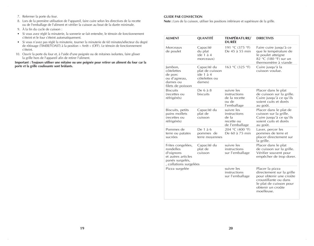Black & Decker TRO4070DC manual Guide Par Convection, Aliment, Quantité, Température, Directives, Durée 