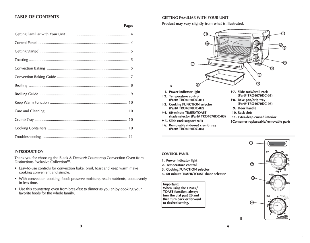 Black & Decker TRO4070DC manual Table Of Contents, Pages, Getting Familiar With Your Unit, Introduction 