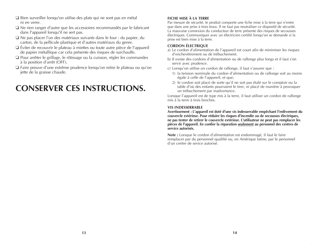 Black & Decker TRO4070DC manual Conserver Ces Instructions, Fiche Mise À La Terre, Cordon Électrique, Vis Indesserrable 
