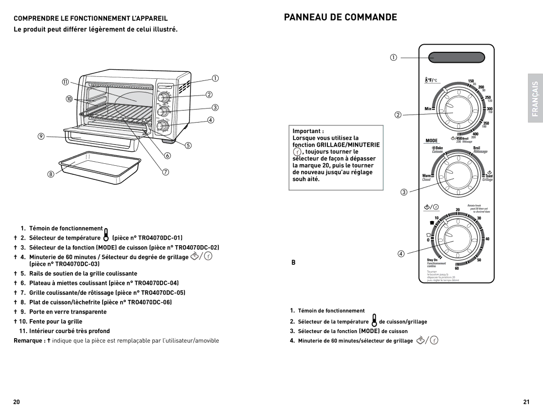 Black & Decker TRO4075BDC manual Panneau DE Commande 