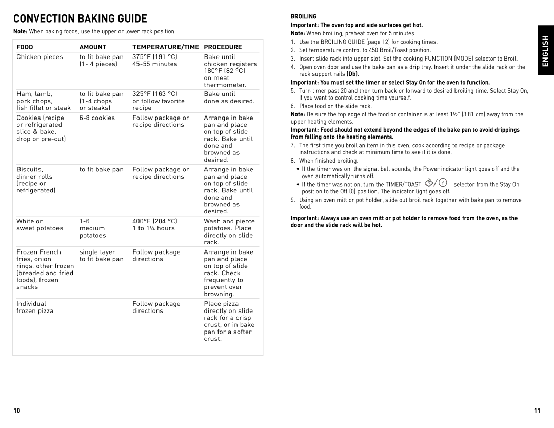 Black & Decker TRO4075BDC manual Convection Baking Guide, Food Amount TEMPERATURE/TIME Procedure, Broiling 