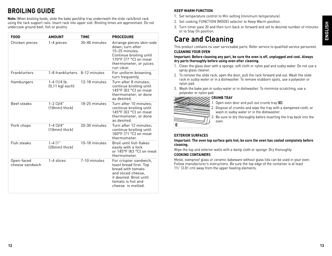 Black & Decker TRO4075BDC manual Broiling Guide, Food Amount Time Procedure, Keep Warm Function 