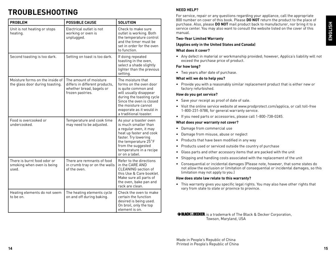 Black & Decker TRO4075BDC manual Problem Possible Cause Solution, Need HELP? 